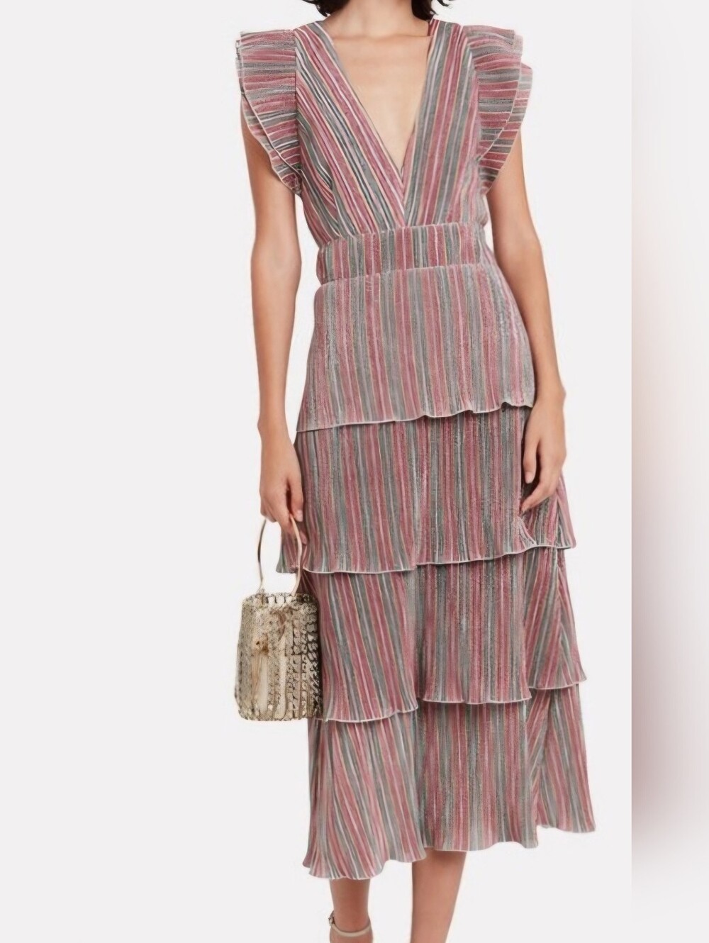 SAYLOR Luba Metallic Striped Tiered Midi Dress Sz S Pleated Plunge Boho